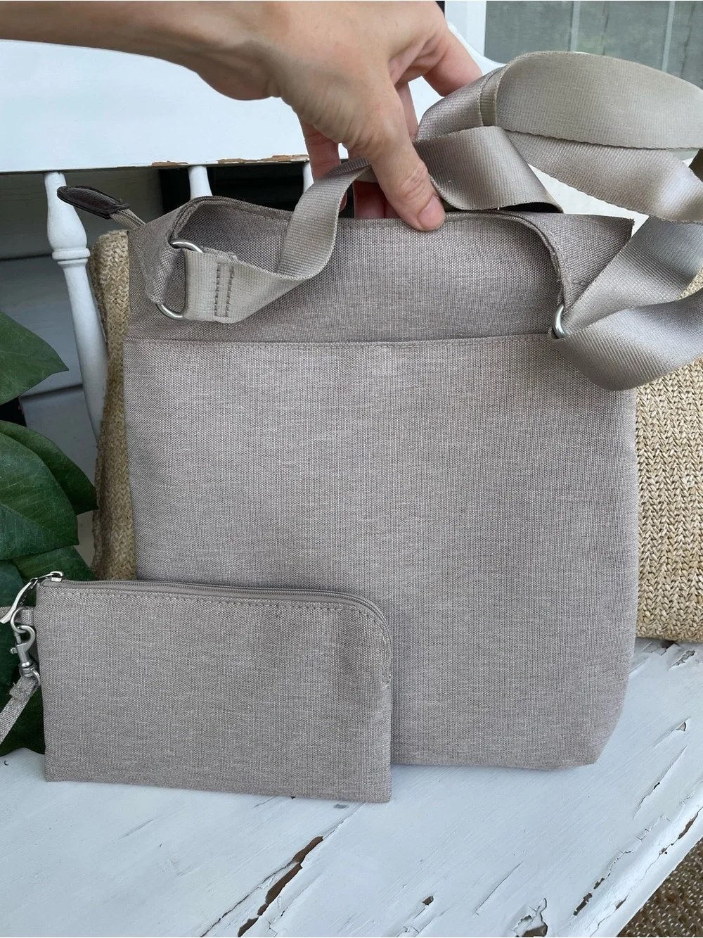 Baggallini Around Town Crossbody Messenger Taupe/Beige w/ RFID Phone Wristlet